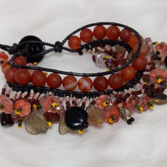 Woven Bracelet, Pink/Brown Agate with Fringe, Flowers, Antique Mourning Button - Picture 2 of 8